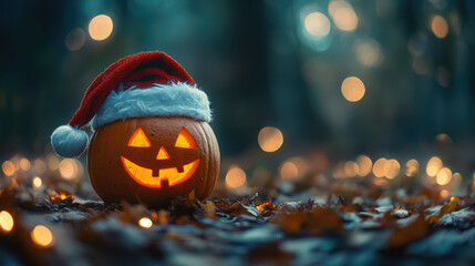 Naklejka premium Jack-o-lantern in Santa Claus hat on dark blurred background with lights, Halloween, Christmas, symbol, holiday, celebration, November, December, card, pumpkin, lantern, scary face, New Year, October