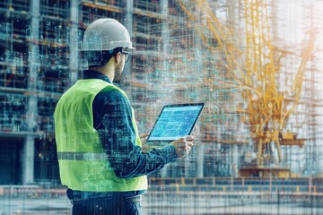 Innovative engineer analyzing holographic blueprints on a construction site with digital tablet
