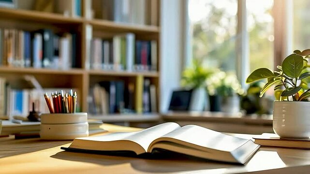 a book  and  a plant  on  a desk
