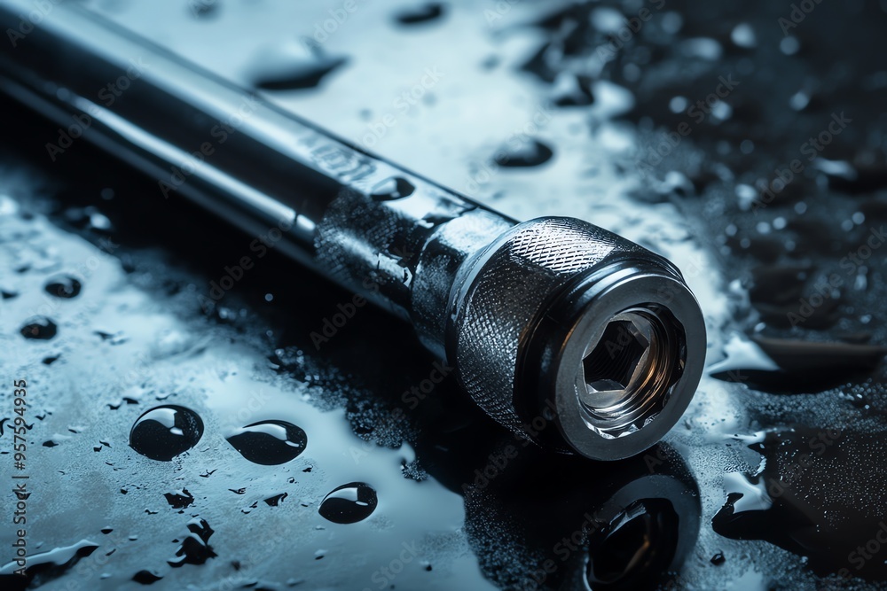 Wall mural Close-up of a Chrome Socket Wrench on a Wet Surface