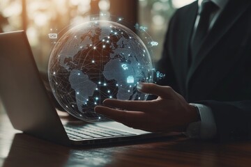 Businessman holding digital earth hologram with global network icons for technology concept design