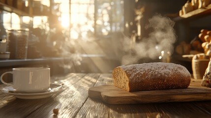 Obraz premium Freshly Baked Bread on Wooden Table with Cup of Coffee and Sunbeams