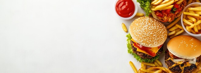 Fast food banner with copyspace. A type of mass produced food designed for commercial resale, with a strong priority placed on speed of service