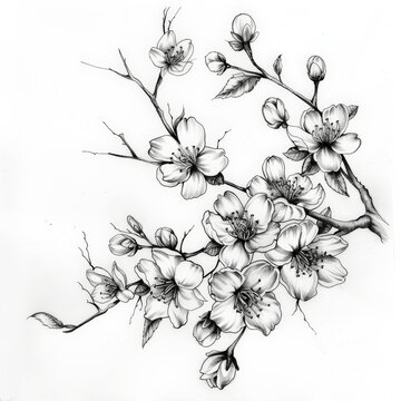 flower, cherry, Japan, floral, vector, nature, illustration, pattern, plant, drawing, leaf, art, vintage, decoration, sketch, branch, design, flowers, blossom, summer, spring, black, rose, garden, bea