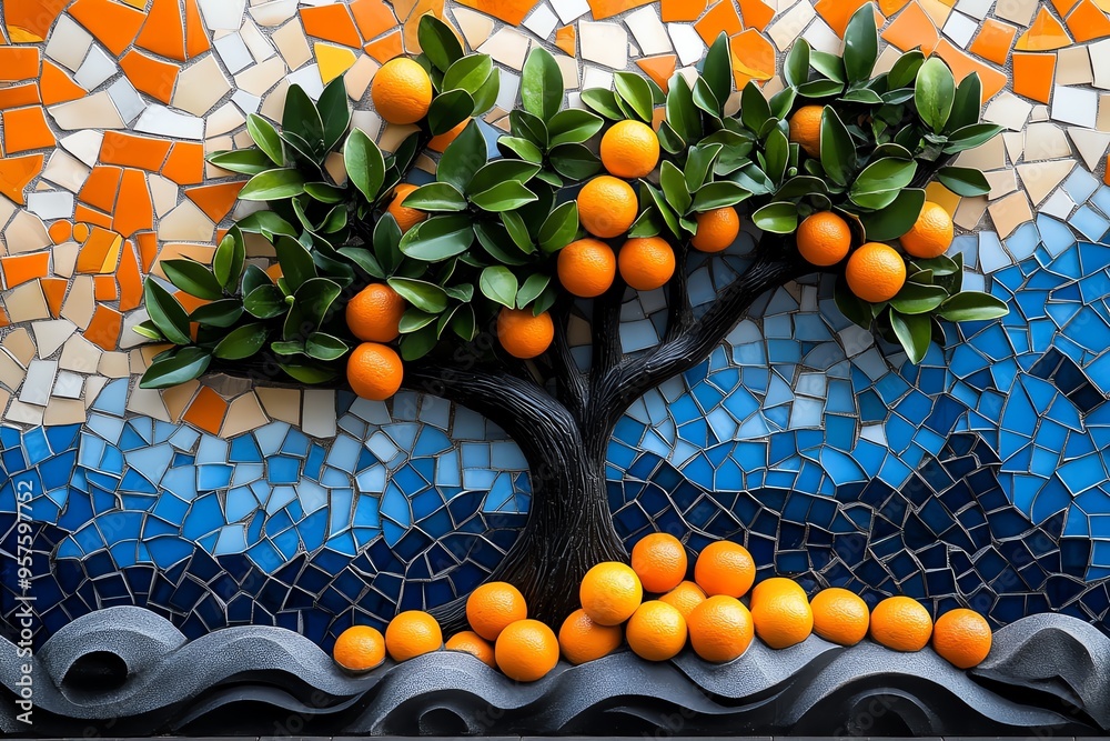 Wall mural Orange tree with a decorative mosaic wall in the background, depicted in an artwork where the tree stands in front of a vibrant mosaic wall, blending natural beauty with artistic expression