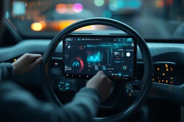 Man interacting with advanced smart car dashboard interface in a 3d rendered photography shot