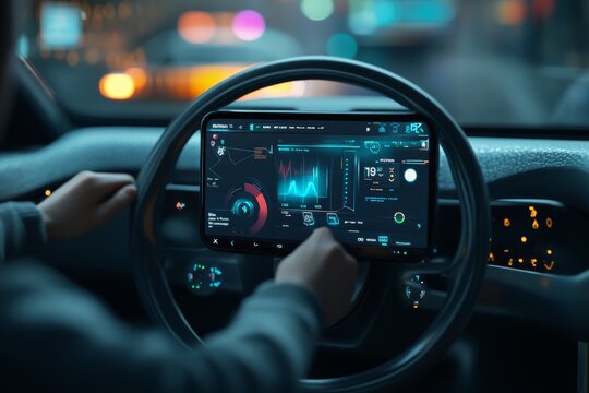 Man interacting with advanced smart car dashboard interface in a 3d rendered photography shot - Powered by Adobe
