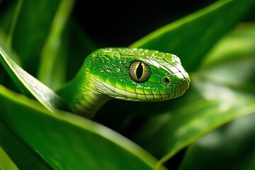 Fototapeta premium Snake Green, Camouflage, and Grasslands depicted in a grassy plain where a green snake blends seamlessly with the tall grass, nearly invisible as it moves stealthily through its habitat