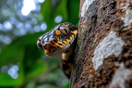 Snake Python, Brown, and Jungle shown in a jungle where a brown python is almost invisible as it wraps around a tree trunk, perfectly camouflaged against the bark