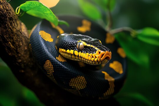Snake Python, Coiling, and Forest visualized in a lush forest where a massive python coils around a tree branch, its scales glistening in the dappled sunlight filtering through the canopy