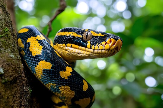 Snake Python, Coiling, and Forest visualized in a lush forest where a massive python coils around a tree branch, its scales glistening in the dappled sunlight filtering through the canopy