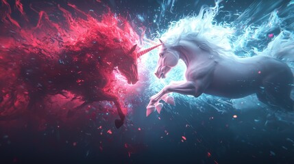 Majestic Unicorn Engaged in Epic Battle Against Sinister Figure, Sparks Flying - High Detail Fantasy Duel Scene in 8K Resolution, Generative Ai