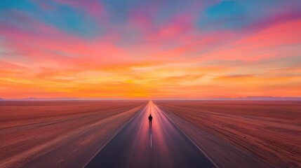 Lonely Figure on Empty Road at Sunset