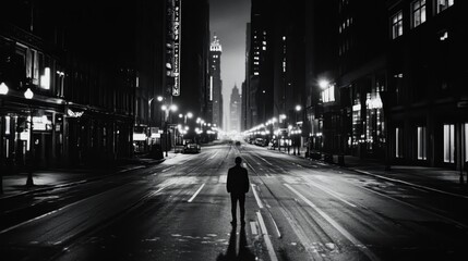 Fototapeta premium Silhouette of Person Walking on Empty Street at Night in City