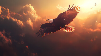 Celebrate independence day with the powerful image of an eagle soaring through the sky, proudly carrying the american flag, illuminated by the warm glow of sunlight. Eagle. Illustration