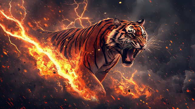Dynamic digital art of a tiger roaring amidst a storm of fire and lightning, symbolizing power and ferocity. Tiger. Illustration