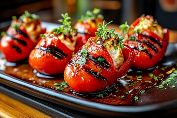 Tapas bite of goat cheese stuffed piquillo peppers, illustrated in a scene where sweet piquillo peppers are stuffed with tangy goat cheese, drizzled with honey, and served on a rustic platter
