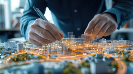 Naklejka premium Engineer man is drawing a blueprint with a pen..