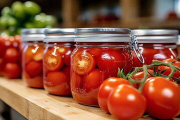 Tomato Canning, Jarring, and Pickling captured in a rustic kitchen where tomatoes are being sliced and packed into jars for long-term storage