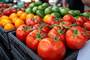 Tomato Farmers&acirc;&euro;&trade; Market, Local Farms, and Fresh Produce depicted in a vibrant market scene where tomatoes are sold alongside other fresh vegetables, emphasizing their freshness and quality
