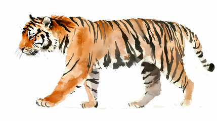 Obraz premium Watercolor walking tiger in profile on a white background. Tiger. Illustration