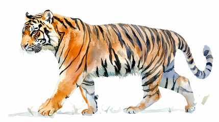 Watercolor walking tiger in profile on a white background. Tiger. Illustration