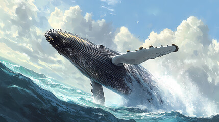 Fototapeta premium A humpback whale breaches the surface of the ocean, its massive tail flukes creating a splash. Whale. Illustration