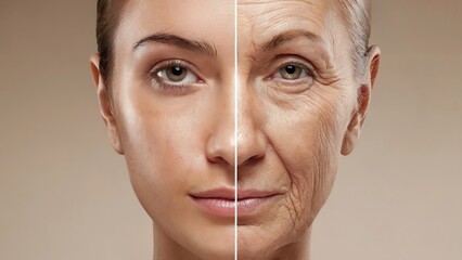 A close-up shot of a woman&rsquo;s face, with one side displaying youthful skin and the other side showing aged skin
