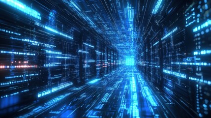 Fototapeta premium Futuristic Blue Digital Tunnel - Abstract Technology Background.