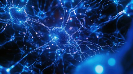 Microscopic View of Neuron Cell Network with Blue Glow - 3D Illustration.
