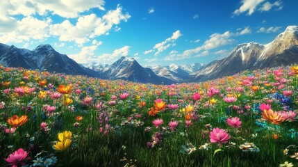 Fototapeta premium 3D Flower Paradise: Immersive AR Experience in a Serene Mountain Meadow