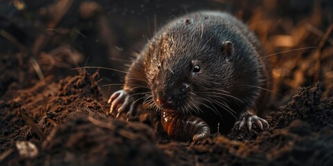 A sizable mole emerged from its subterranean den furrowing the earth with its strong clawed feet as it gripped a plump worm in its jaws for a midday meal