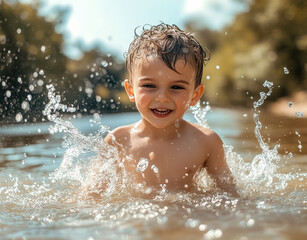 Obraz premium The boy is happily playing in the river.