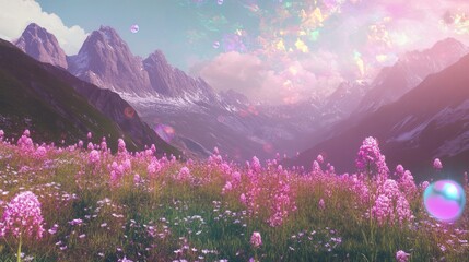 Fototapeta premium Immerse Yourself in a Holographic Meadow: 3D Flowers & Sky in AR