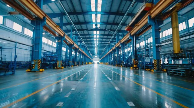 Video of empty huge distribution warehouse with high shelves and pallets