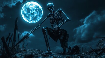 A spooky skeleton figure holding a weapon walks on moonlight night with pumpkin. Spooky haunted halloween background, Halloween illustration for poster design