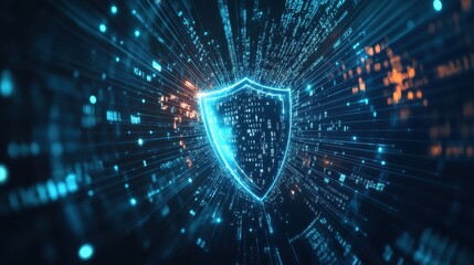 Fototapeta premium Abstract Digital Shield, Cyber Security Concept, Blue and Orange, Futuristic Technology, Data Protection.