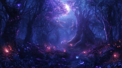 Enchanting Moonlit Forest Path with Glowing Lights and Magical Butterflies.