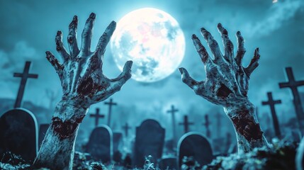 A Zombie hands rising on Graveyard, Moonlight night with pumpkin. Spooky halloween background, Halloween illustration for poster and banner design