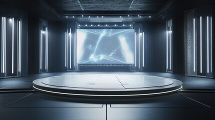 Futuristic Room with Neon Lights and Circular Platform - 3D Rendering.