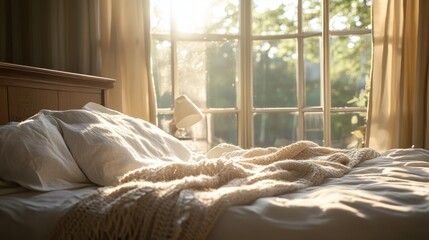 A bed by a large window, with soft sunlight streaming in and a cozy throw blanket draped over the edge.