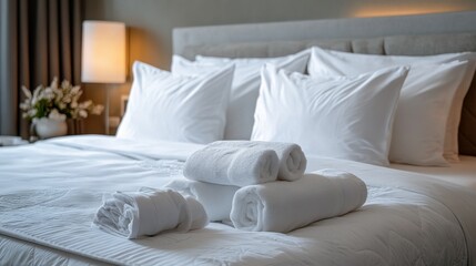 A bed in a luxurious hotel room, with crisp white linens, perfectly arranged pillows, and a folded towel on the bed.