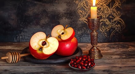 Red apples and pomegranate seeds beside a candle on a rustic wooden table.