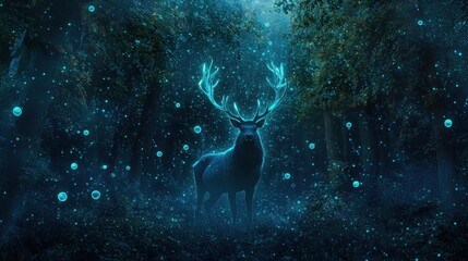 Fototapeta premium Majestic Deer in Enchanted Forest with Glowing Lights