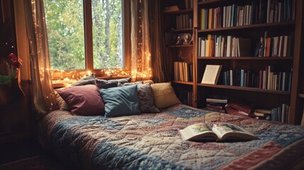 Obraz premium A bed with a soft quilt, decorative pillows, and a cozy reading nook nearby, perfect for a relaxing evening.