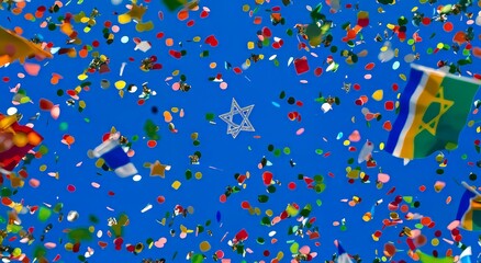 A vibrant celebration filled with colorful confetti and flags against a blue sky.