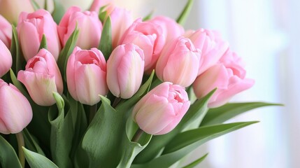 A close-up of pink tulips, representing grace and affection, perfect for springtime promotions