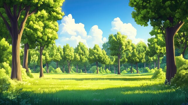 Lush Green Forest Clearing with Sunlit Grass and Blue Sky - Digital Painting Illustration.
