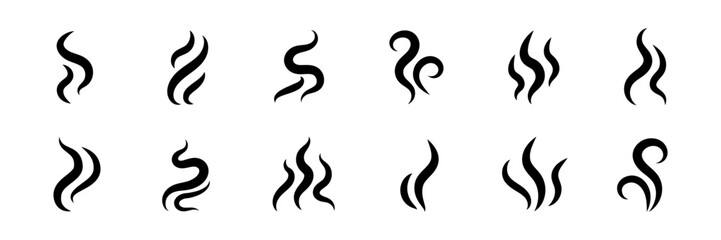 Smoke steam icon vector logo set. Smoke smell, steam aroma heat icon illustration. Hot vapor fire doodle line logo. Hit stink, coffee, fragrance flame elements. Vector illustration.
