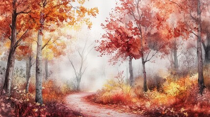 Fototapeta premium Watercolor Painting of a Forest Path in Autumn with Foggy Atmosphere.